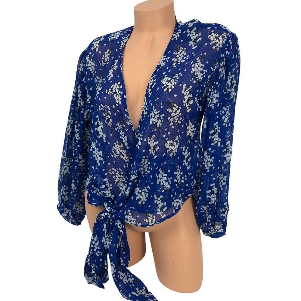 NWT Sans Souci Wrap Top Size S Sheer Floral Print Blouse V-Neck Boho Beachy Blue - Picture 3 of 7